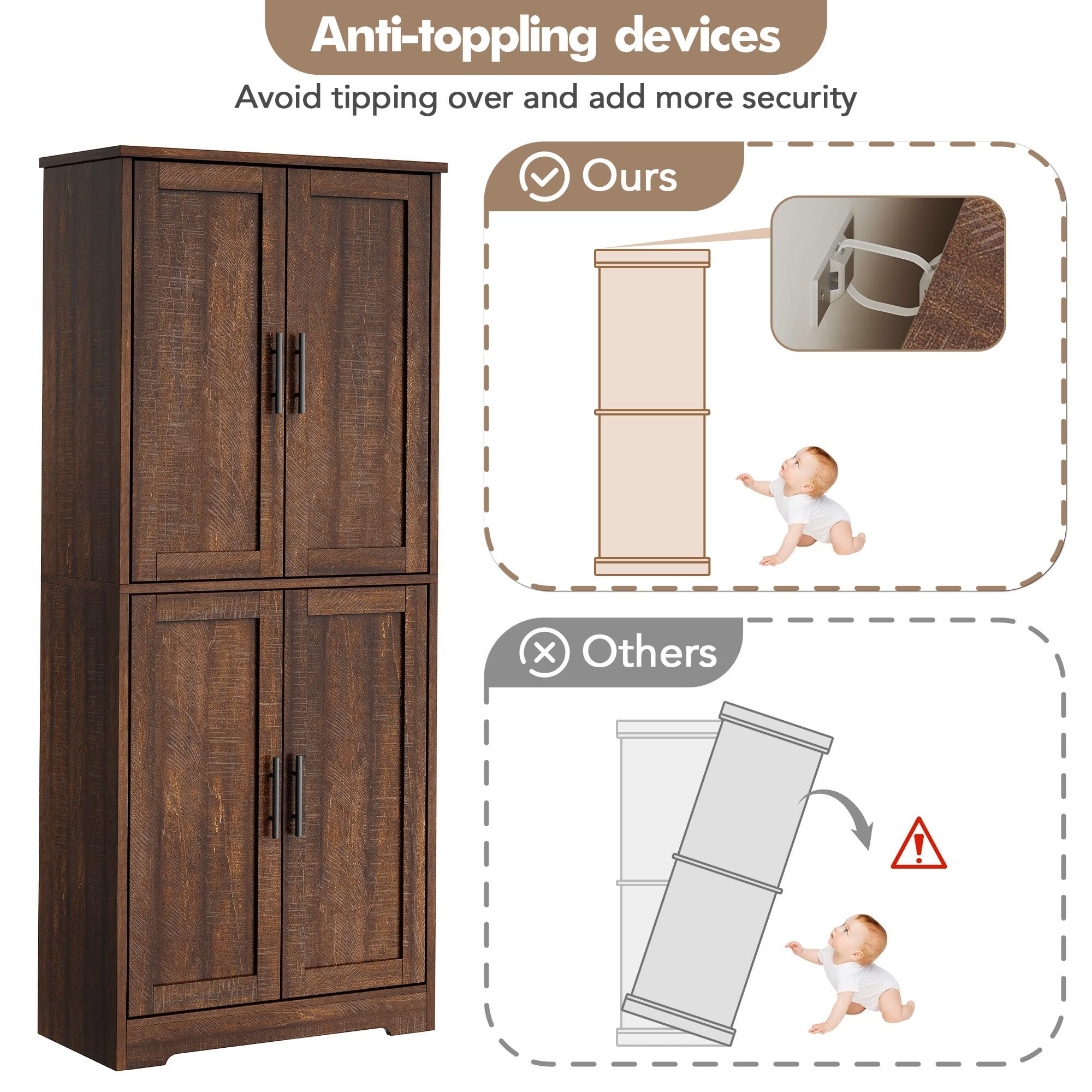BouPower Pantry Cabinet,70" Tall Kitchen Pantry Cabinet with 2 Doors and 3 Adjustable Shelves, Freestanding Cupboard, Modern Tall Storage Cabinet for Bathroom, Dining Room, Living Room