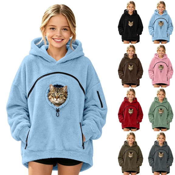 Cat Pouch Hoodie for Kids Girls Boys Pet Carrier Oversized Kangaroo Pocket Pullover Sweatshirt Soft Fleece Hoodie with Dog Pouch Animal Holder Warm Winter Hooded Sweatshirts