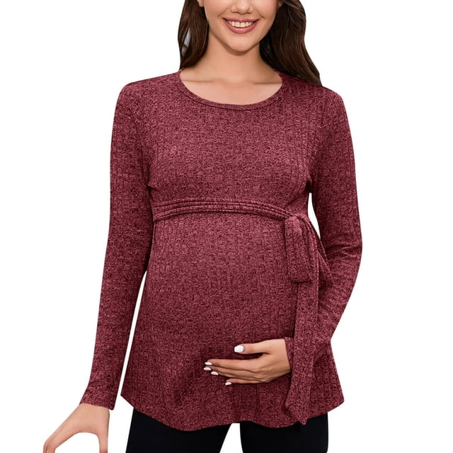 YOPTOP T-Shirt de Maternité pour Femmes à Ourlet Irrégulier et Uni, Décontracté, Manches Longues, Col Rond, T-Shirt de Base pour Allaitement, Haut, Rouge, P