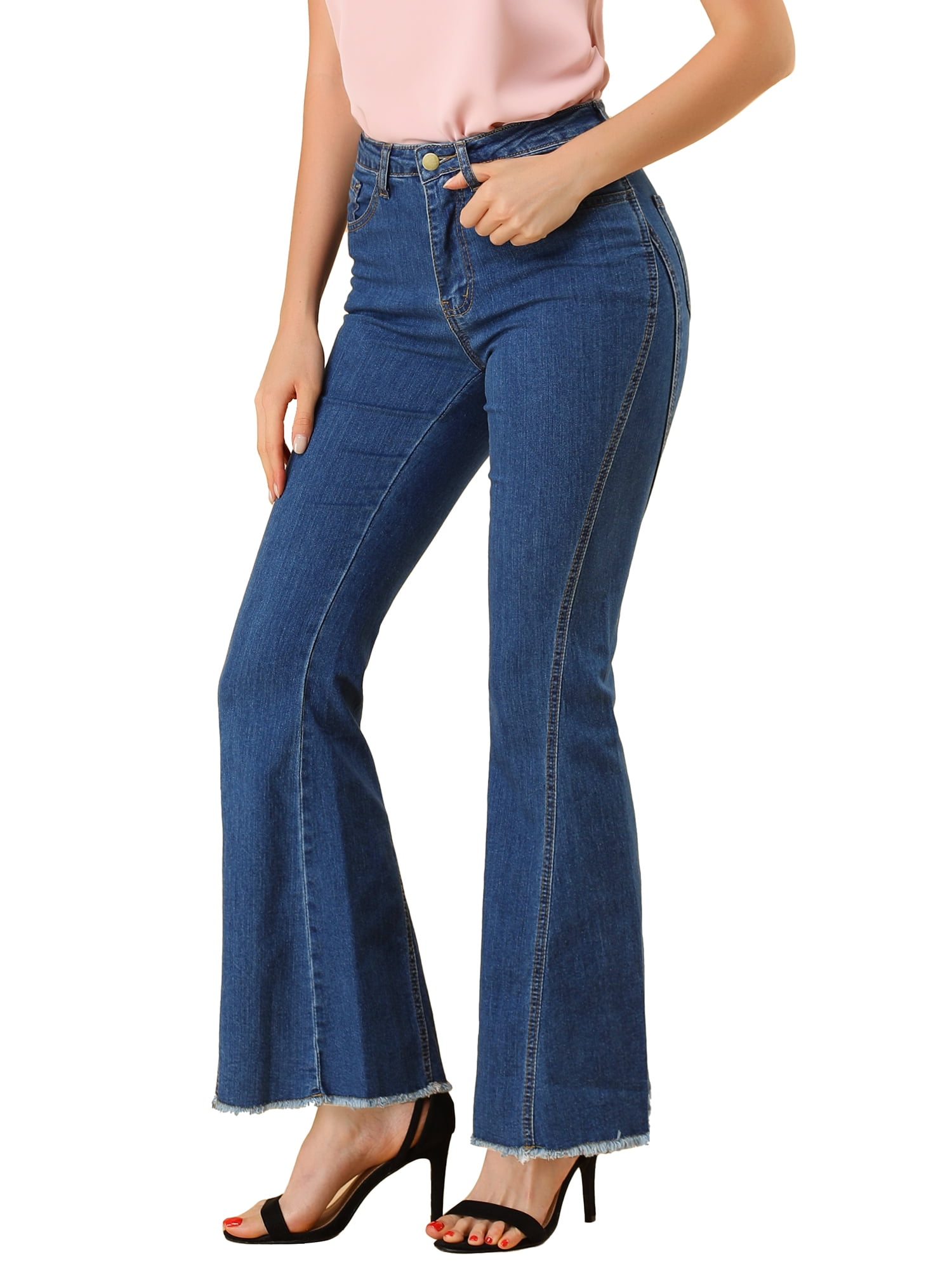 DARING DIVA Women's Flare Denim Pants High Waist Stretch Bell Bottoms Jeans L Blue