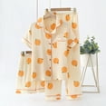 thumbnail image 2 of Wang6 Women's Cotton Pajamas Sets 3 Pieces Soft Long Sleeve Button Shirts Elastic Waist Shorts Wide Leg Pants Loose Fit Floral Printed Sleepwear Loungewear Pjs Sets Orange XL, 2 of 7