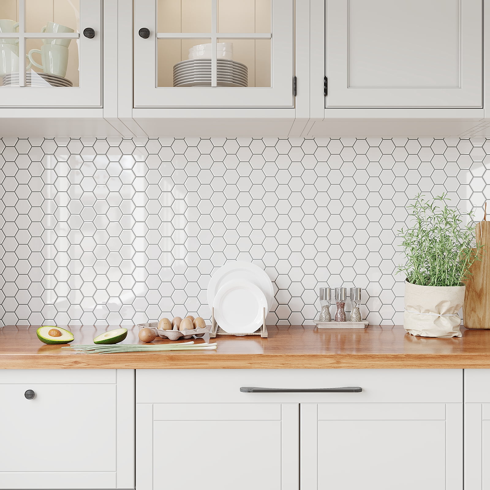 VEELIKE White Hexagon Peel and Stick Backsplash Tiles for Kitchen Waterproof 6 Sheets 12''x12''