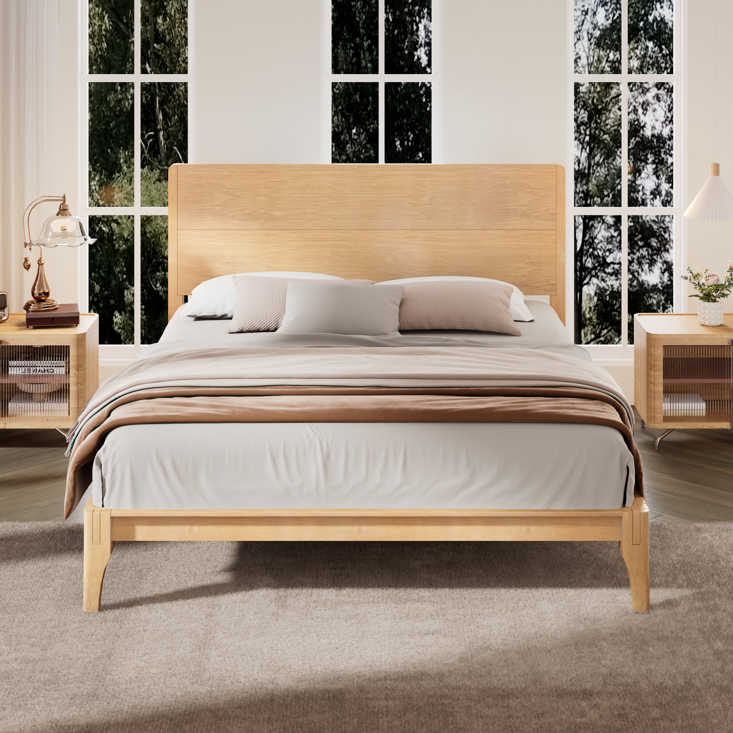 Noble House Mid-Century Full Bamboo Platform Bed,12" Wood Slat Metal Support No Box Spring Needed,Natural