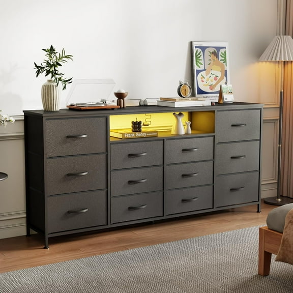 M optimized 12 Drawer Dresser for Bedroom, TV Stand for 75" TVs, Fabric Drawers Dresser with LED Lights & Power Outlets Entertainment Center with Drawers for Closet