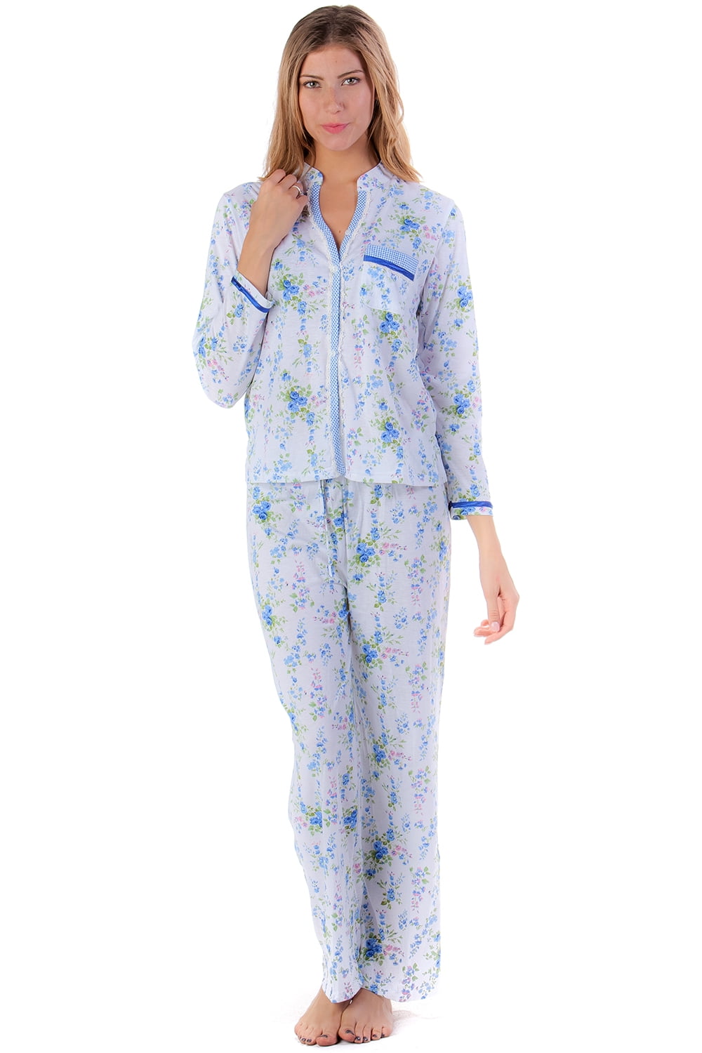 Casual Nights Women's Long Sleeve Floral Lace Trim Pajama Set - Walmart.com