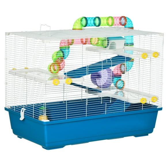 PawHut 31" Large Hamster Cage, Small Animal House, Multi-storey Gerbil Haven, Tunnel Tube System, with Water Bottle, Exercise Wheel, Food Dish, Ramps, Blue