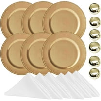 Round Beaded Charger Plates, 13 Inch, with Napkin Rings and Cloth Napkins, Set of 6 (Gold)