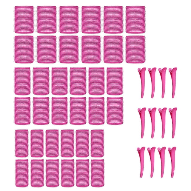 48 rulos autoagarrables con pinzas, rizadores jumbo sin calor para peinar cabello largo, mediano y corto (rosa, 3 tamaños)