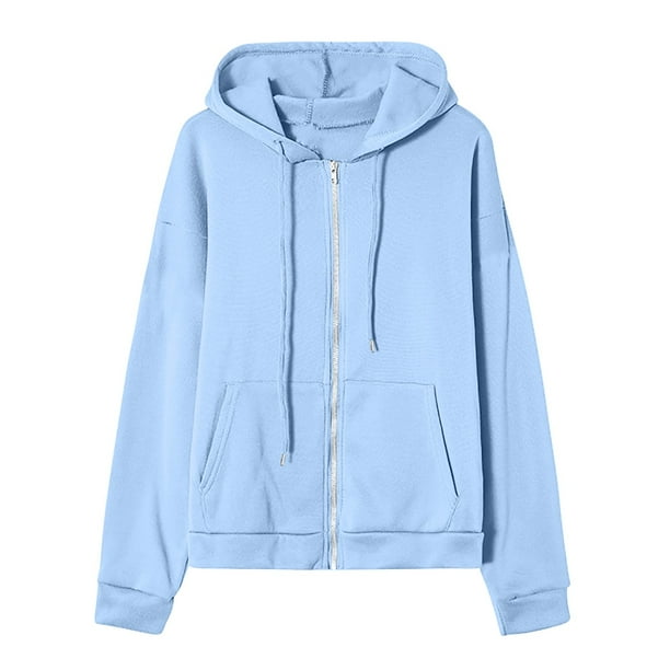 Holiday Deals zanvin Womens Zip Up Hoodies 2023 Trendy Casual Oversize Coats Loose Fit Drawstring Sweatshirts Fall Jackets Light Blue M