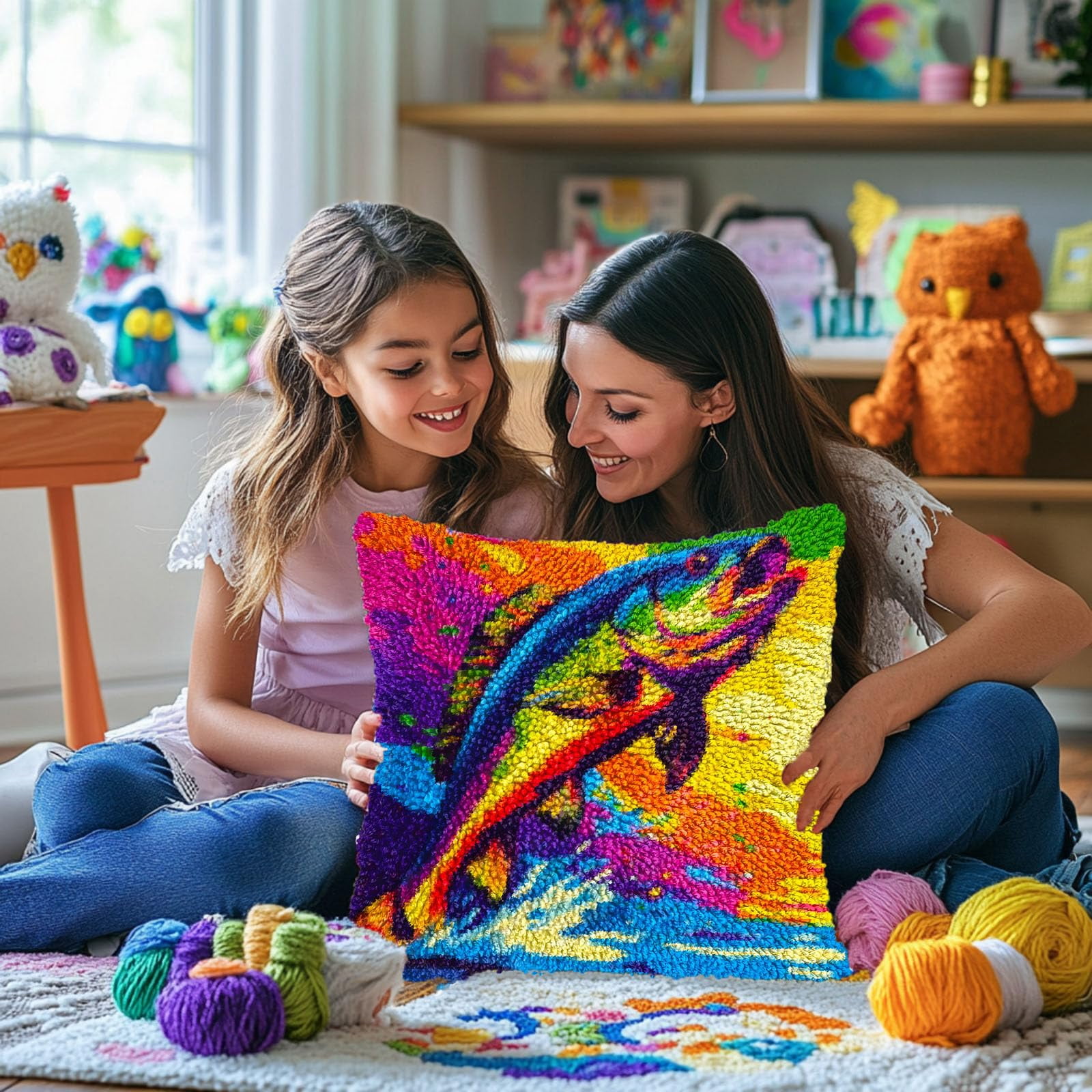 Fish Bass Out from Water DIY Latch Hook Pillow Kits for Adults Printed Pillowcase Crochet Yarns Hooking Handmade Pillow Cover Cushion for Home Sofa Decoration 17x17inch(1)