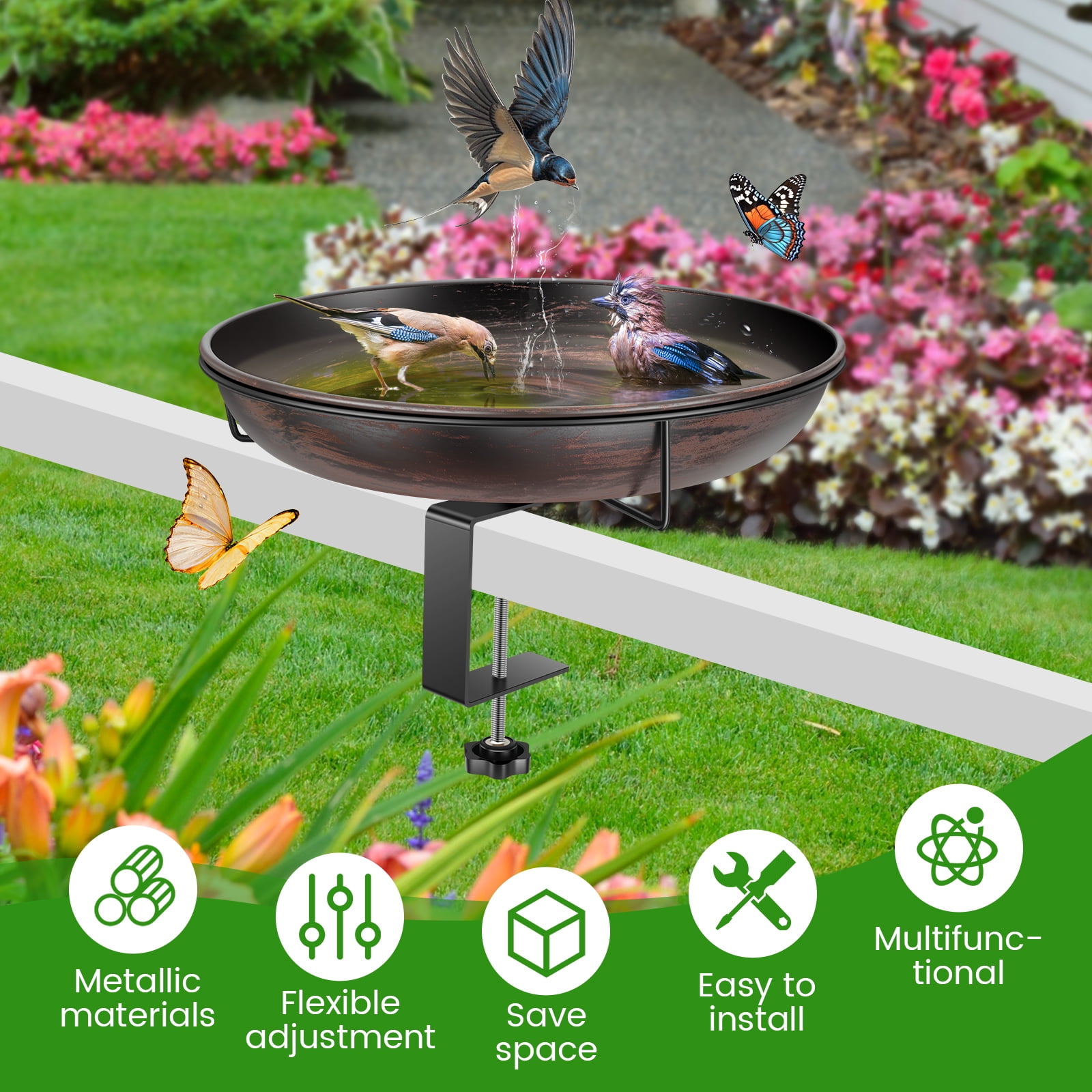 Threns Deck Mounted Bird Bath Bowl,12" Balcony Railing Birdbaths,Metal Birdbath for Outside with Sturdy Adjustable Clamp for Fence Outdoor Decor