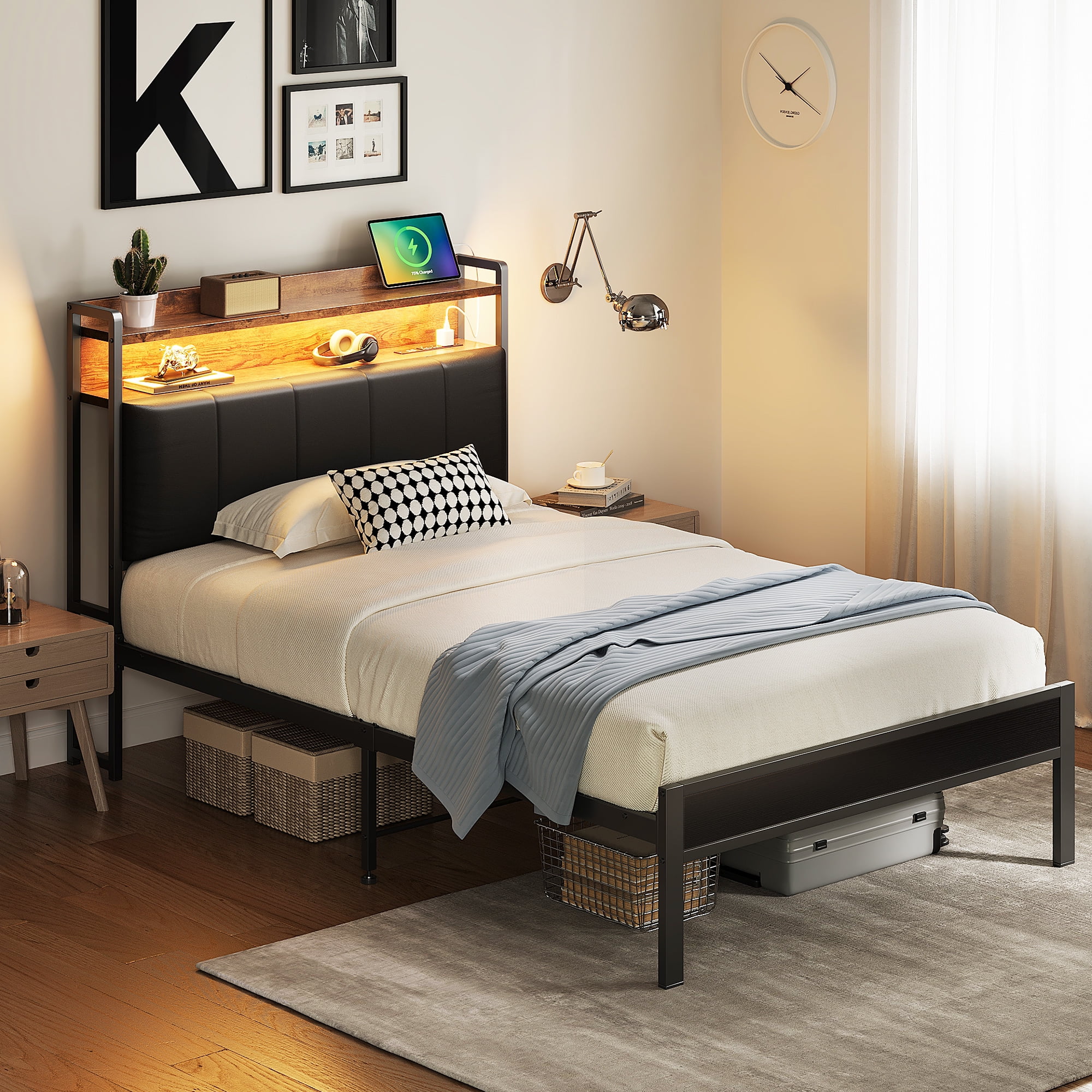 Bed Frame Twin Size with Storage Headboard, Upholstered Platform Bed with Charging Station and LED Light, Heavy Duty Frame Support, No Box Spring Needed, Noise Free, Vintage