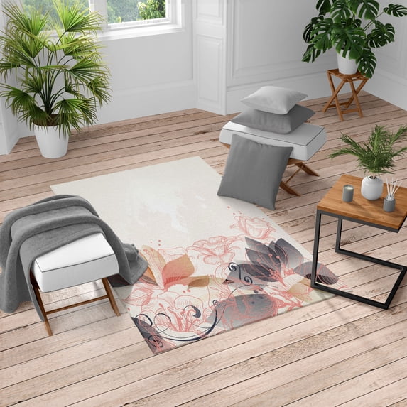 Flower Turkish Area Rug, Retro Floral Background Hibiscus Silhouettes Dramatic Romantic Nature Art, Soft Carpet for Living Room Decor with Distressed Look, 5.2' X 7.6', Blush White, by Ambesonne