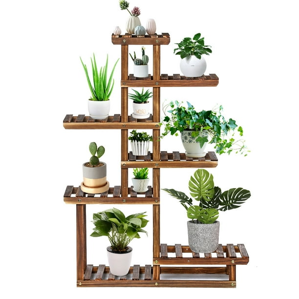 Wood Plant Stand Indoor 44 7 Tier Outdoor Tall Plant Stand Flower Pot Stand Multiple Tier Plant Display Rack Holder Steady Vertical Carbonized Shelves For Patio Livingroom Balcony Garden Walmart Com Walmart Com