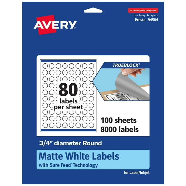 Avery TrueBlock Matte White Round Labels with Sure Feed, 0.75" Diameter, 8,000 Matte White Labels, Print-to-The-Edge, Laser/Inkjet Printable Labels, G