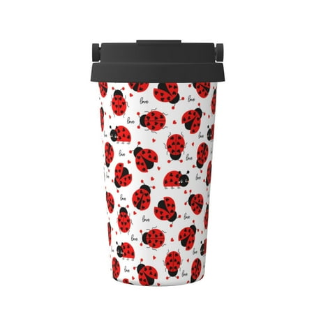 

Xecao Ladybug And Heart Pattern Insulated Coffee Mug with Handle & Flip Thermos Mug Water Bottle Coffee Tumbler Cup