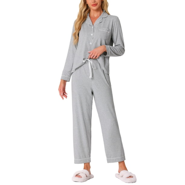 INSPIRAR CHIC Pijamas de Dormir para Mujeres Modal con Botones de Manga Larga y Pantalones Conjunto de Ropa de Casa L Gris