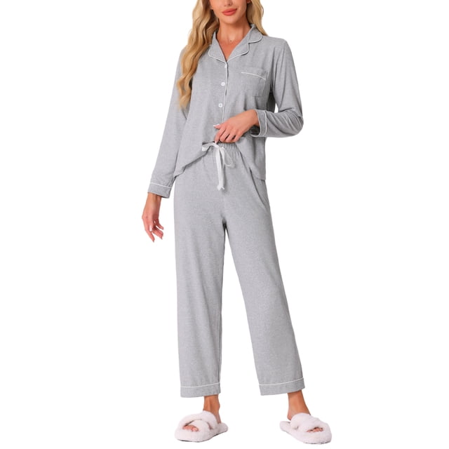 INSPIRAR CHIC Pijamas de Dormir para Mujeres Modal con Botones de Manga Larga y Pantalones Conjunto de Ropa de Casa L Gris