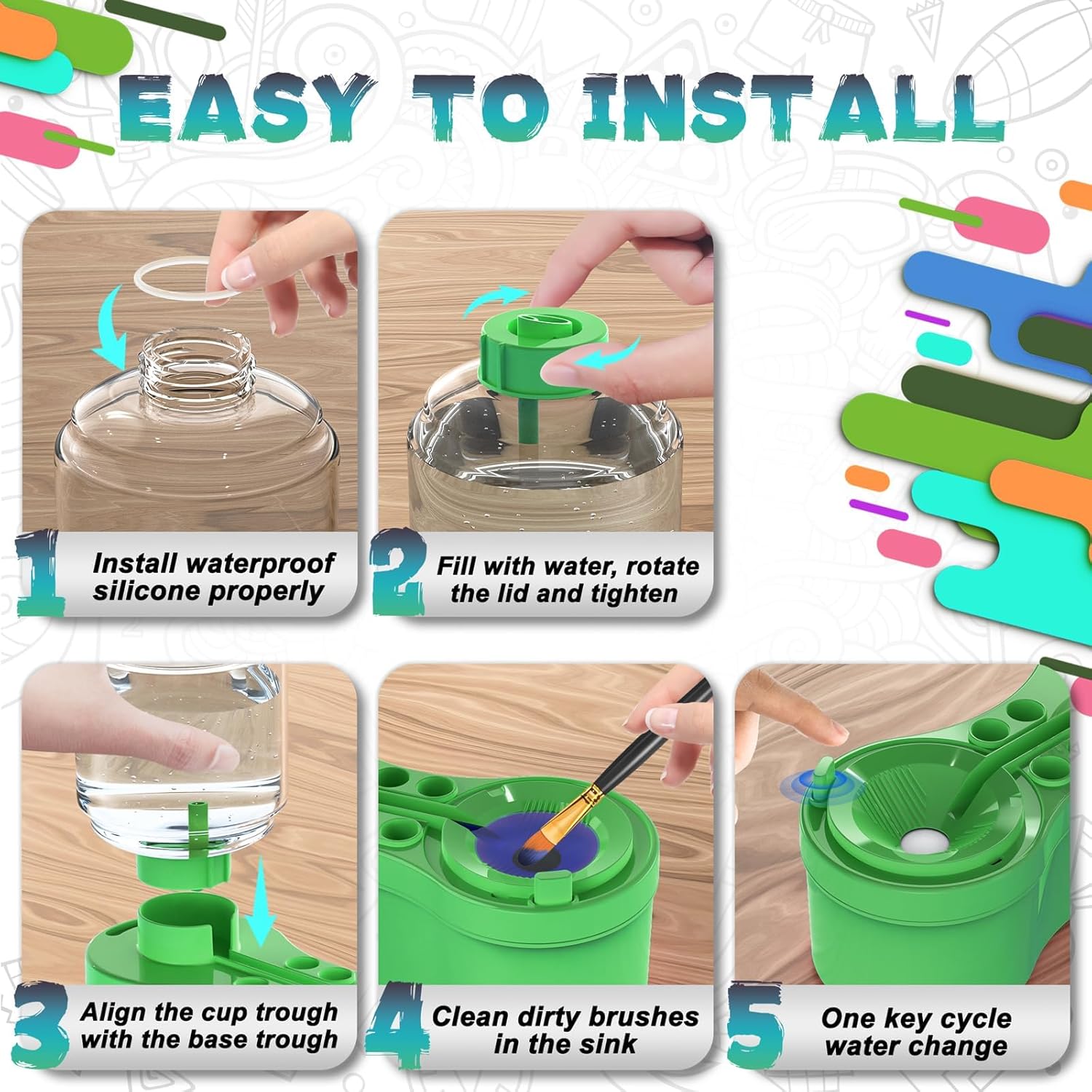 ABPETE Paint Brush Cleaner, Painting Supplies with Drain and Brush Holder, Water Circulation Paint Brush Cleaner Tool for Watercolor, Water-Based Paints for Kids, Watercolor Cleaning Tool, Green
