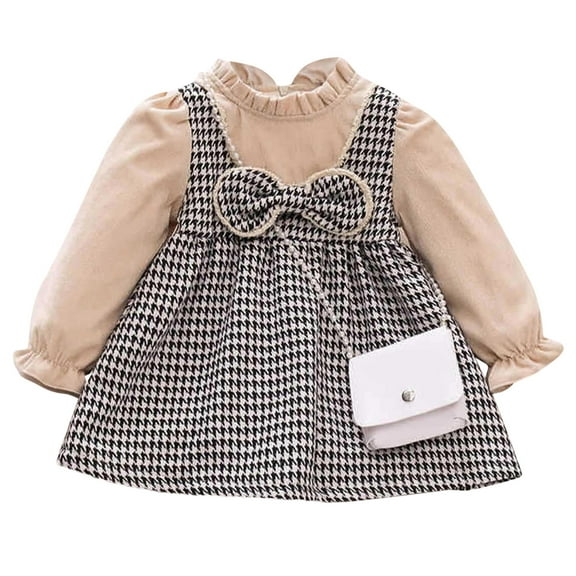 HUITKMM Girls Dresses Toddler Girls Winter Long Sleeve Bowknot Plaid Ruffle Dress Dress