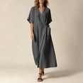 thumbnail image 2 of Women's Cotton Linen Blend Midi Dress V-Neck Short Sleeve Button-Down Casual Solid Color Loose Tunic Dress with Pockets for Summer Daily Wear Gray XXL(XXL), 2 of 9