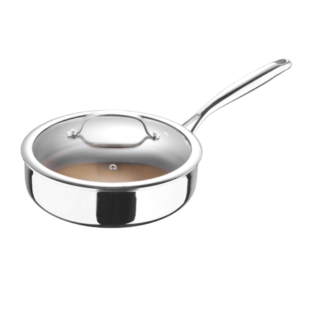 Giro by MasterPRO - 3 Qt Tri Ply Clad Covered Saute Pan with Etched Non Stick Interior and Vented Glass Lid  3 Quarts  Polished
