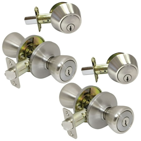 Door Pack Set - 2 Pack of Pro-Grade Classic Entry Door Knob and Deadbolt Combo Sets, Satin Nickel