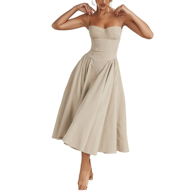 ZAXARRA Robe d'Été Décontractée pour Femmes, Ligne A, Couleur Unie, Sans Manches, Dos Nu, Robe Midi, Mode, Poches Latérales, Coupe Basse