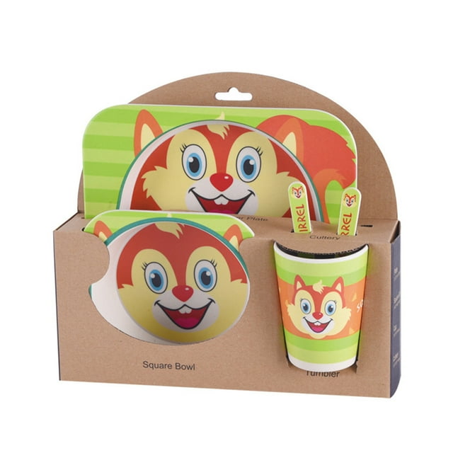 serony Kids Tableware Set 5Pcs Baby Bamboo Fiber Cartoon Bowl Animal Dinnerware Set Toddler Cup Spoon Fork