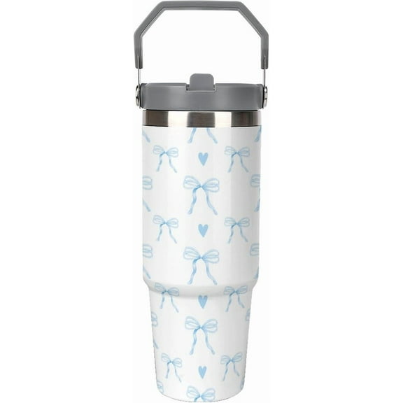 Large Capacity Car Cup 30 Oz Ribbon Bow Heart Blue Stainless Steel Flip Straw Travel Tumbler Coffee Mug Insulated Water Bottle Tumbler with Lid And Straw LeakProof