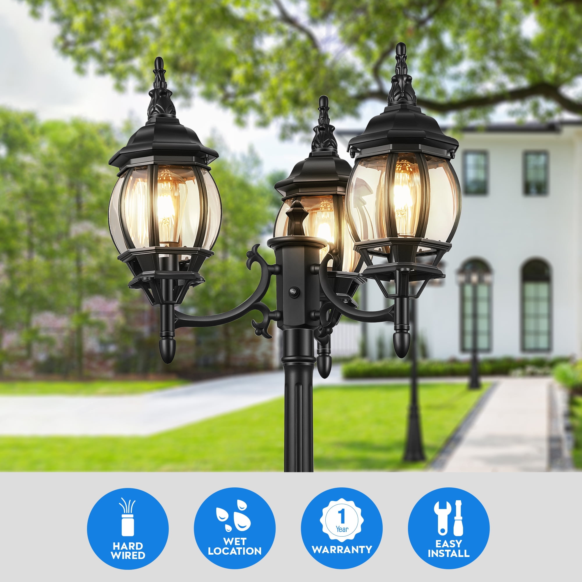 VIANIS Lamp Posts Outdoor Lighting, 3-Head Lights for Outside with E26 Socket, Dusk To Dawn Sensor Street Light With Tempered Glass Panels For Backyard, Garden, Christmas Lights