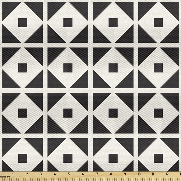 Retro Sofa Upholstery Fabric by the Yard, Nostalgic Monochrome Geometrical Pattern with Abstract Squares Graphic, Decorative Fabric for DIY and Home Accents, Charcoal Grey and Ivory by Ambesonne