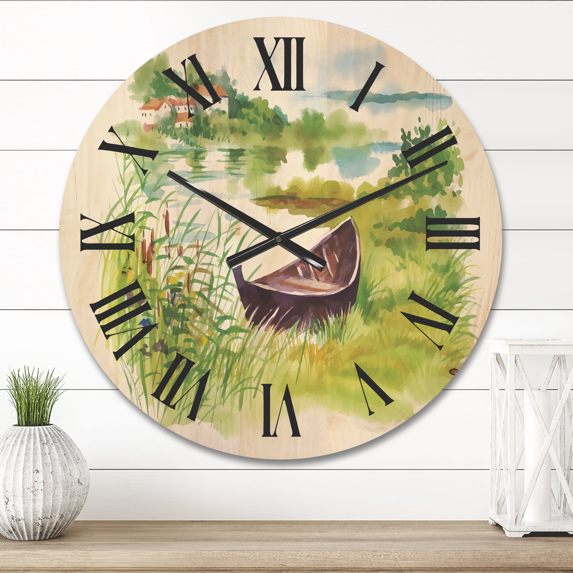 Designart 'Rural Green Landscape With Boat In Lake' Lake House Wood Wall Clock