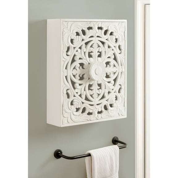 Kate and Laurel Saanvi Traditional Carved Wood Floating Bathroom Wall Cabinet, 22x7x 28, White, Dimensional Over the Toilet Storage Cabinet for Use as Bathroom Storage or Entryway Decor and Display