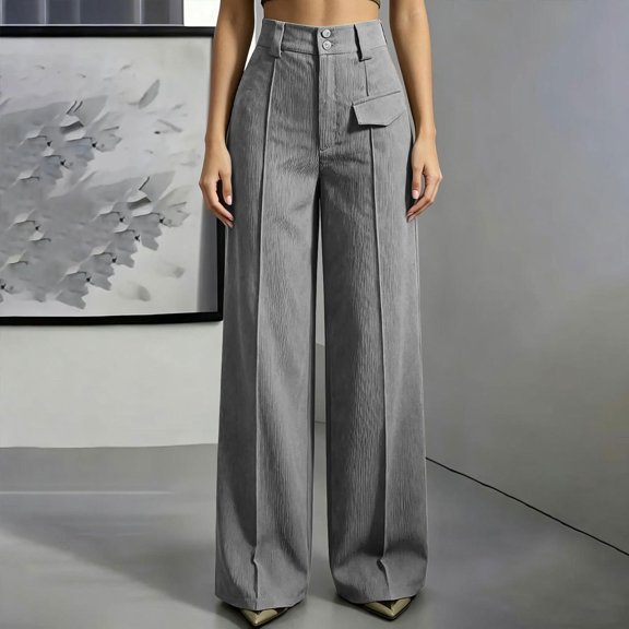 BRELIL Women Plus Size Wide Leg Trousers High Waisted with Pockets Solid Casual Office Long Pants Loose Fall Winter Fashion Outfits, Gray 2XL