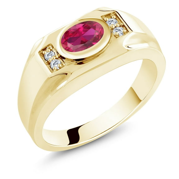 Gem Stone King Men's 18K Yellow Gold Plated Silver Red Created Ruby and White Moissanite Ring (1.50 Cttw, Gemstone July Birthstone, Oval 8X6MM,, Size 13)