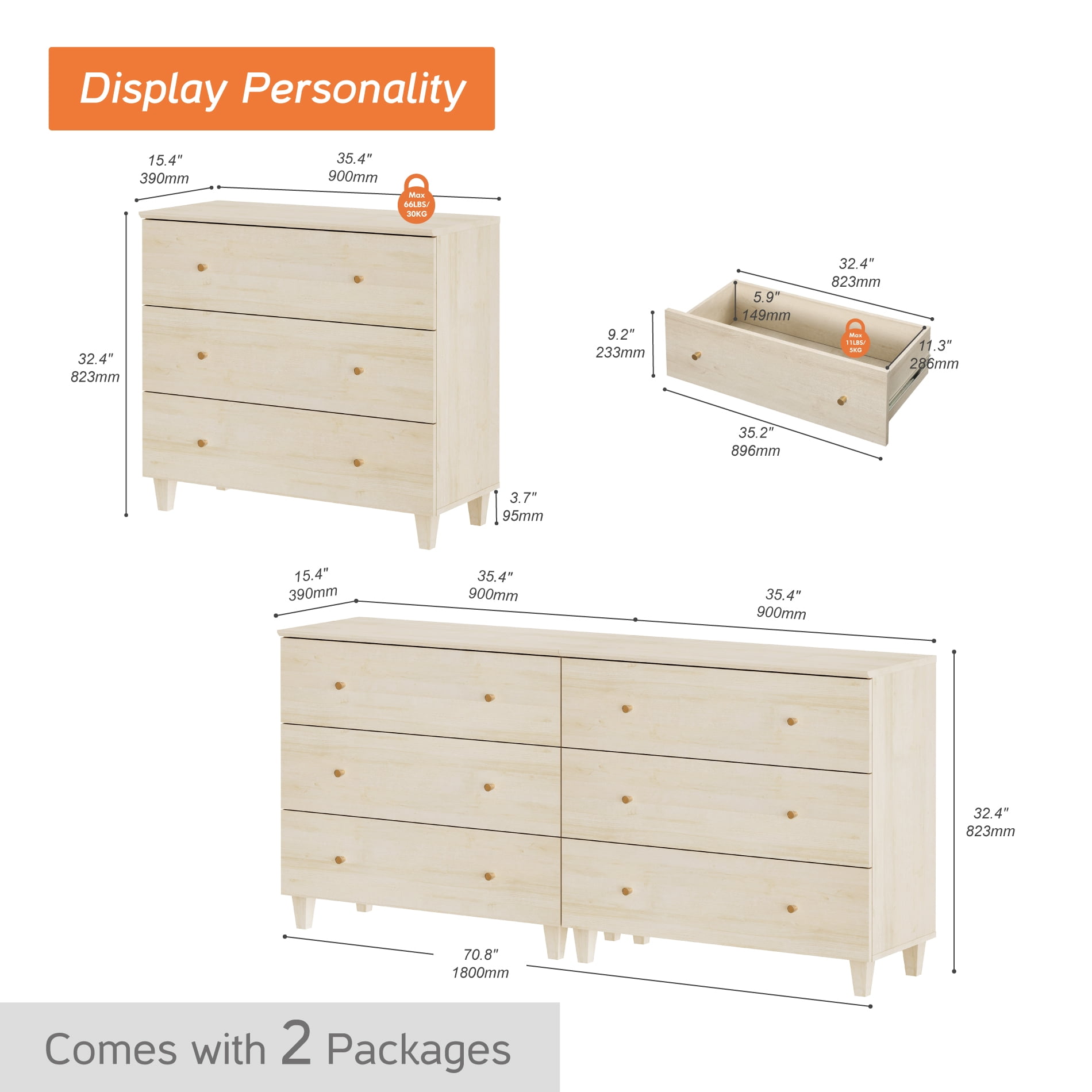 WAMPAT Dresser and Nightstands Set of 4, Wood Dressers with 6 Drawers, 2 Pieces Nightstands with Charging Stations for Living Room, Natural Oak