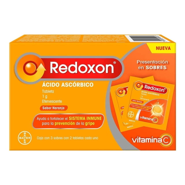 redoxon 3 sobres con 2 tabletas efervescentes vitamina c sabor naranja caja frontal centrada en tonos naranja y amarillo; logo Redoxon en banda roja, texto 'Ácido ascórbico 1 g efervescente' y 'Sabor Naranja', ilustración de sobres individuales y emblema vitamina C; indicado como apoyo a la inmunidad y presentación en sobres.
