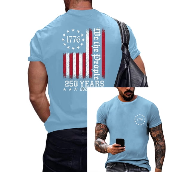 Iaqnaocc 250 Anniversary Usa Shirt for Men Retro 250 Years America Shirt T-Shirt Independence Day Crew Neck Anniversary Summer Independence Day 250 Anniversary Shirt Light Blue M