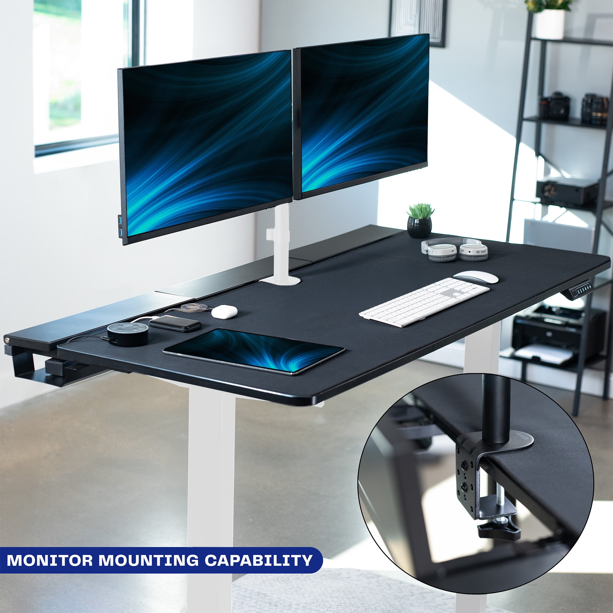VIVO Electric 60" x 30" Desk, Full Pad, Black Hidden Cable Tabletop, White Frame