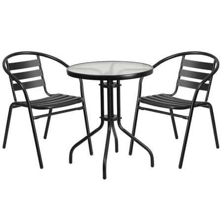 Aluminum Slat Table - Flash Furniture 23.75'' Round Glass Metal Table with 2 Black Metal Aluminum Slat Stack Chairs
