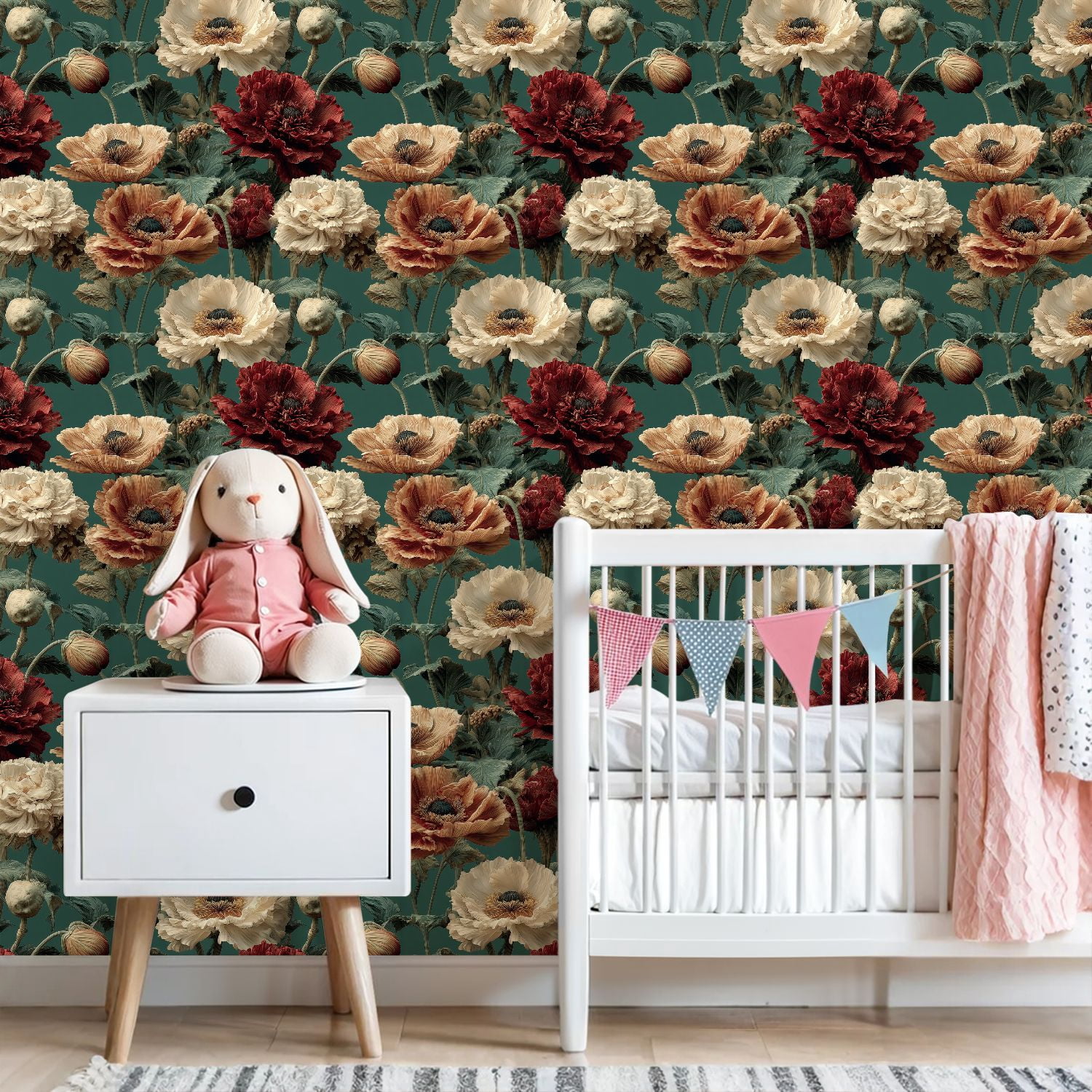 Vintage Peel and Stick Wallpaper Vivid Poppies Bloom Lush Greenery Soft Lighting Wall Mural 23.6in x 9.8ft Self Adhesive Removable Wall Paper Floral Contact Paper for Nursery Bedroom Cabinets