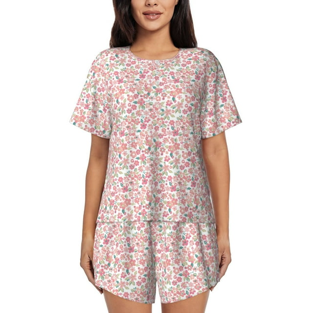 Balery Floral Retro Style Conjunto de Pijama para Mujer con Estampado, Dos Piezas de Manga Corta y Shorts, Ropa de Dormir Suave con Cuello Redondo y Bolsillos-Medium