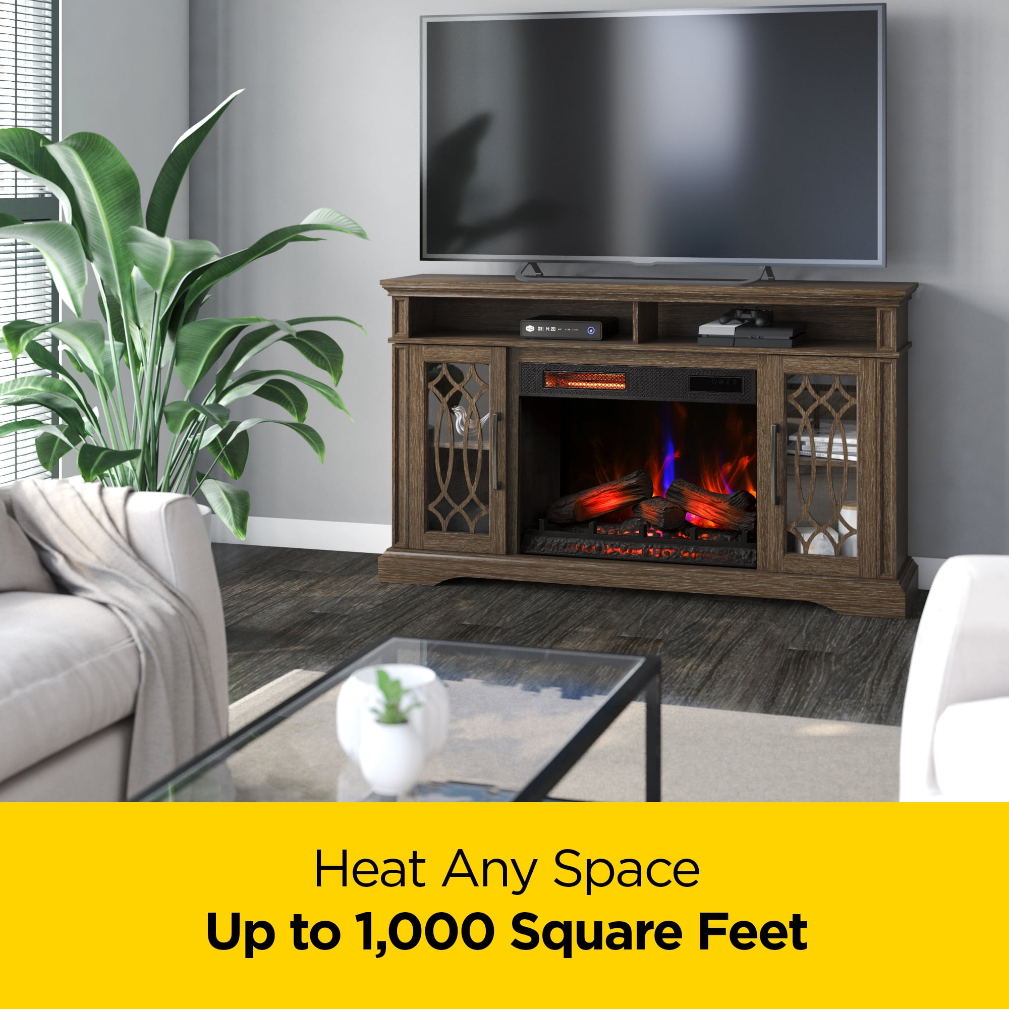 duraflame® Electric Fireplace TV Stand, Farmhouse Entertainment Center with Storage and Infrared Heater, Laurel Oak