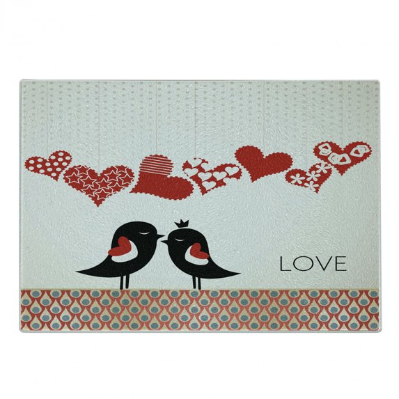 Love Cutting Board, Queen and King Bird Couple Kissing Hanging Heart Shapes and Abstract Drop Pattern, Decorative Tempered Glass Cutting and Serving Board, Small Size, Multicolor, by Ambesonne