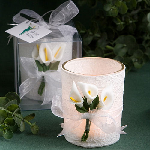 4 White Rhinestone Heart Votive Candle Wrapped Satin Tulle Bow Wedding Favors 