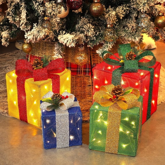 Christmas lantern gift box accessories, pre lit foil gift boxes with bows, Christmas tree skirt decorations, indoor and outdoor plugins for family vacation parties