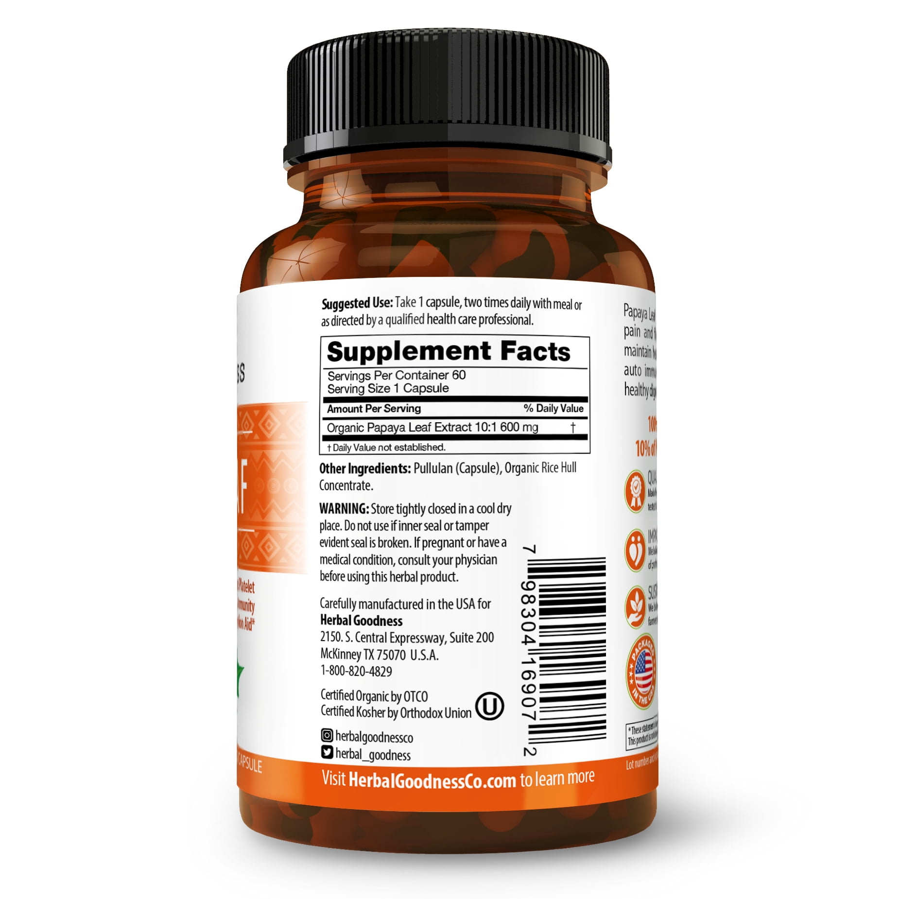 Herbal Goodness Papaya Leaf Extract Capsule, Pills, Digestive Enzymes, Immunity, Gut Health Supplement, Blood Platelet - 60/600mg