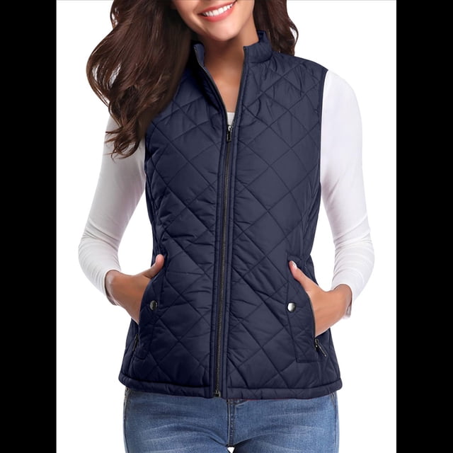 Chaleco Acolchado con Cuello Alto, Cremallera y Bolsillos para Mujer Azul Oscuro XL