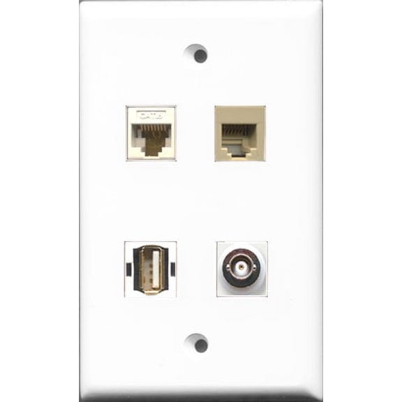 RiteAV 1 Port USB A-A and 1 Port Phone RJ11 RJ12 Beige and 1 Port BNC and 1 Port Cat6 Ethernet White Wall Plate